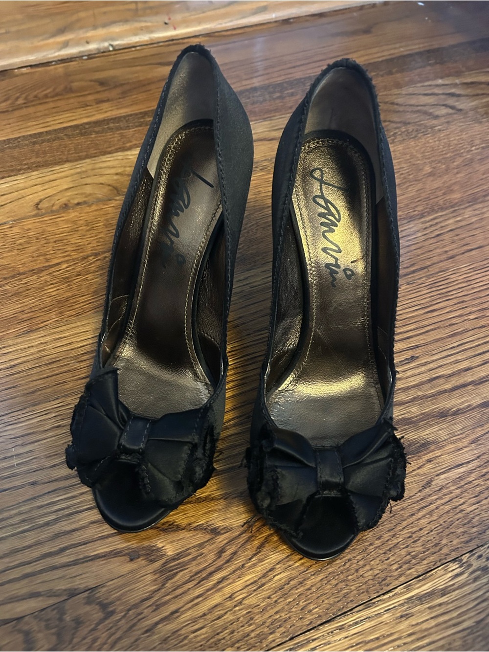 Lanvin Black Satin Peep-Toe Pumps with Frayed Bow